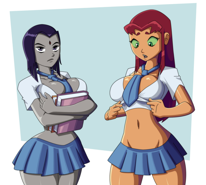 2girls alien alien_girl alien_humanoid alternate_breast_size big_breasts blue_background blue_skirt book cartoon_network clothed collarbone cowboy_shot crop_top curvy dc dc_comics demon_girl duo eyelashes female female_only forehead_jewel front_view green_eyes green_sclera grey_skin highres holding_book holding_object hourglass_figure koriand'r large_breasts long_hair looking_at_self looking_at_viewer midriff miniskirt multiple_girls navel necktie necktie_between_breasts orange_skin pale-skinned_female pale_skin pleated_skirt plunging_neckline purple_eyes purple_hair rachel_roth raven_(dc) ravenravenraven red_hair redhead schoolgirl schoolgirl_uniform shiny_skin shirt shirt_tug sidelocks standing starfire superheroine tamaranean teen_titans thick_thighs thin_waist white_background wide_hips