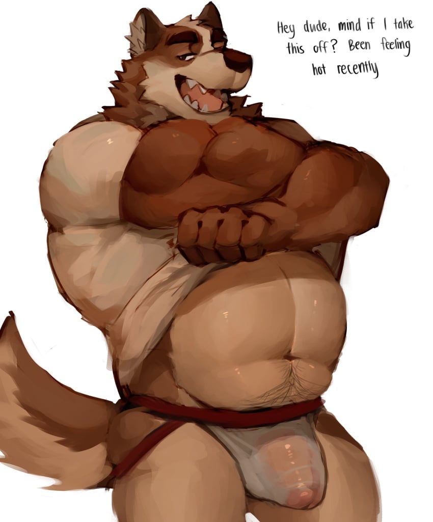 anthro barazoku bodily_fluids body_hair brown_body brown_fur canid canine clothed clothing clothing_lift eyebrows fur glistening glistening_body happy_trail hi_res jockstrap male mammal muscular muscular_arms muscular_male reolixious sharp_teeth shirt shirt_lift smile smug solo sweat tail teasing teeth thick_eyebrows topwear translucent translucent_clothing underwear wet wet_clothing