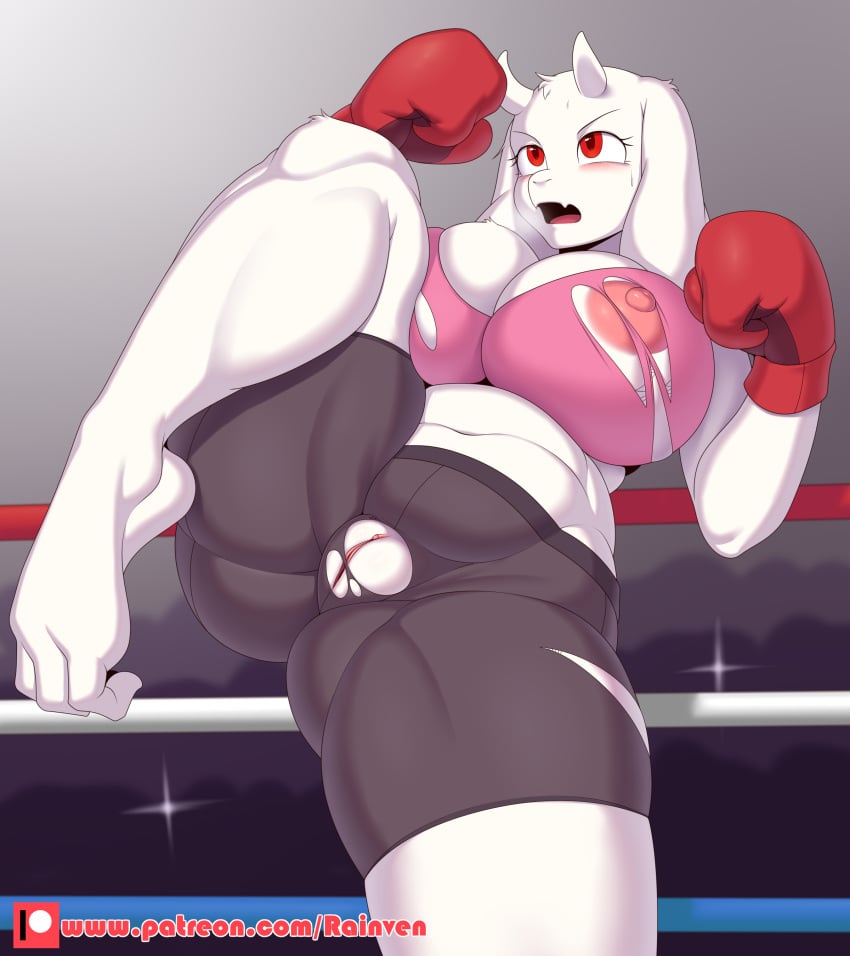 1girls absurd_res anthro big_breasts blush boss_monster_(undertale) bovid boxing boxing_gloves boxing_ring breasts caprine clothed clothing curling_toes feet female female_only fighting_ring fur genitals gloves goat handwear hi_res horn mammal mature_female nipples rainven red_boxing_gloves red_gloves solo toriel undertale undertale_(series) white_body white_fur