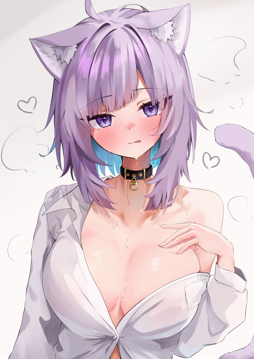 absurdres animal_ear_fluff animal_ears black_collar blush breasts cat_ears cat_girl cat_tail cleavage collar female heart highres hololive k0k0me large_breasts nekomata_okayu purple_eyes purple_hair shirt simple_background single_bare_shoulder single_off_shoulder solo sweat tail tongue tongue_out upper_body virtual_youtuber white_background white_shirt