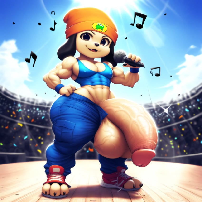 3_toes 4_fingers abs ai_generated baggy_pants beanie biceps blue_pants blue_tank_top casual_exposure clawed_fingers clawed_toes cub cute cute_face exposed_balls exposed_penis femboy holding_microphone holding_object hyper hyper_balls hyper_genitalia hyper_penis muscular muscular_anthro muscular_arms muscular_legs muscular_male muscular_thighs nai_diffusion nipple_outline outdoors parapp parappa parappa_the_rapper pecs pectoral_bulge rapping red_shoes shameless singing solo_focus stage standing thick_thighs tight_topwear toeless_footwear unbuttoned_pants veiny_balls veiny_muscles veiny_penis wide_hips young young_male