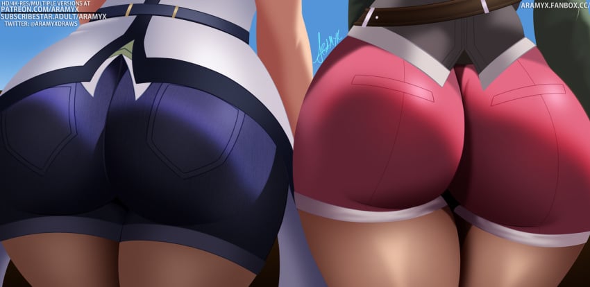 2girls aramyx ass ass_focus big_ass booty_shorts commission denim denim_shorts huge_ass laura_s._arseid legend_of_heroes noel_seeker skintight_clothing thick_thighs thighs tight_clothes tight_clothing tight_fit tight_pants trails_of_(series) trails_of_cold_steel trails_to_azure two_girls wide_hips