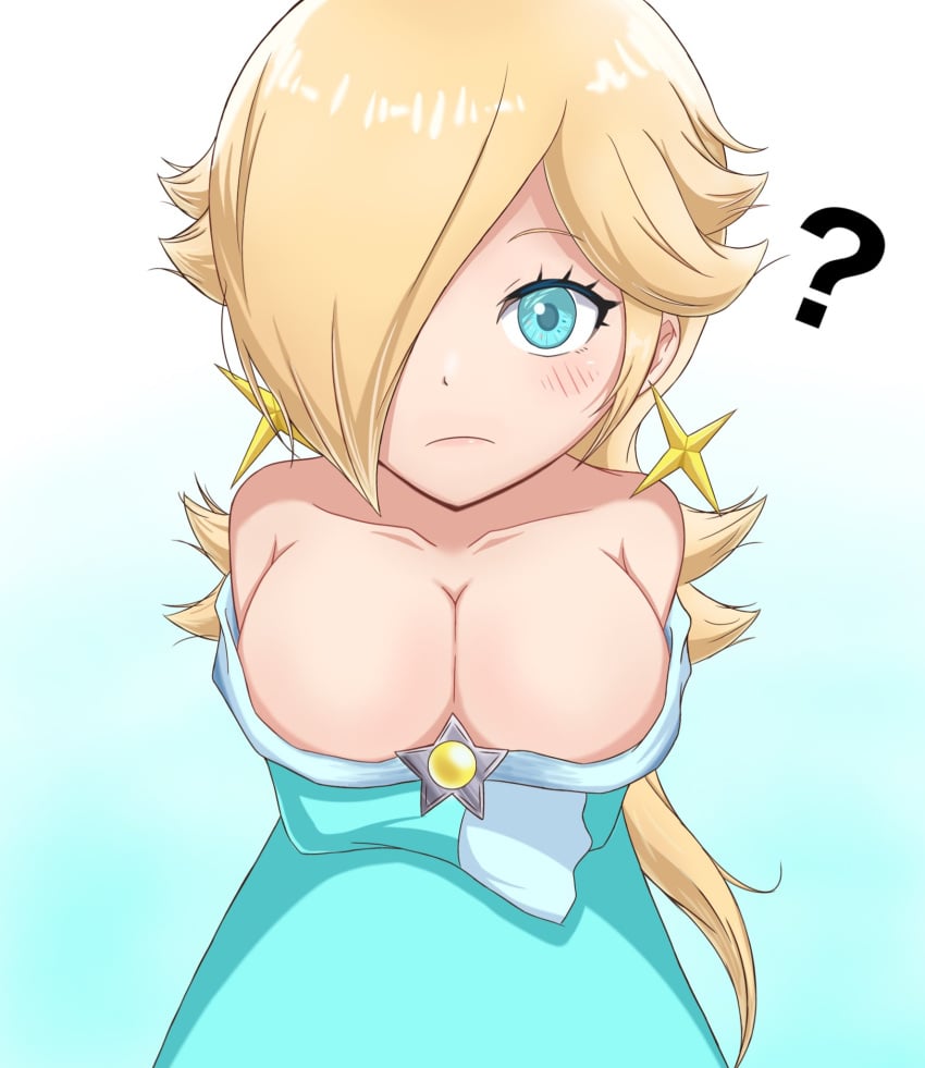 arms_under_breasts bare_shoulders blonde_hair blue_background blue_dress blue_eyes cleavage collarbone cowboy_shot female gradient_background hair_over_one_eye large_breasts leaning_forward long_hair looking_at_viewer mario_(series) nintendo princess_rosalina question_mark strapless_dress unexpressive white_background yassrosalina