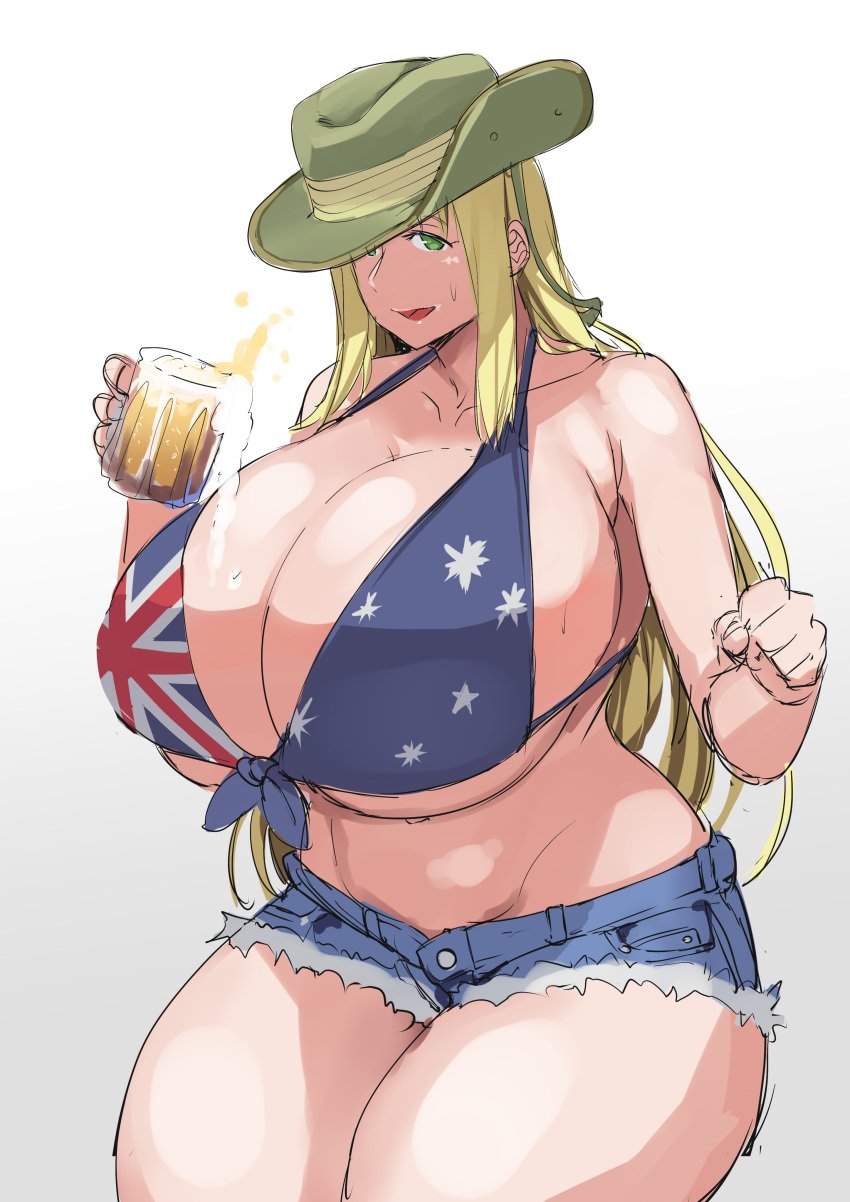 1girls alcohol australia australian australian_flag australian_flag_bikini beer beer_mug big_breasts bikini bikini_top blonde_hair breasts cleavage collarbone commission cowboy_shot flag_bikini gigantic_breasts green_eyes light-skinned_female light_skin long_hair mug national_personification navel short_shorts shorts sideboob slouch_hat stormcow thighs underboob union_jack union_jack_bikini white_background