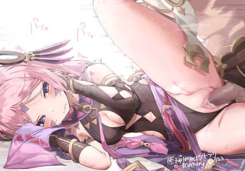 1girls aether_(genshin_impact) blue_eyes citlali_(genshin_impact) clothed_sex dol17662417d genshin_impact heart-shaped_pupils legs_up penis_in_pussy pink_hair tagme tribal_markings vagina vaginal