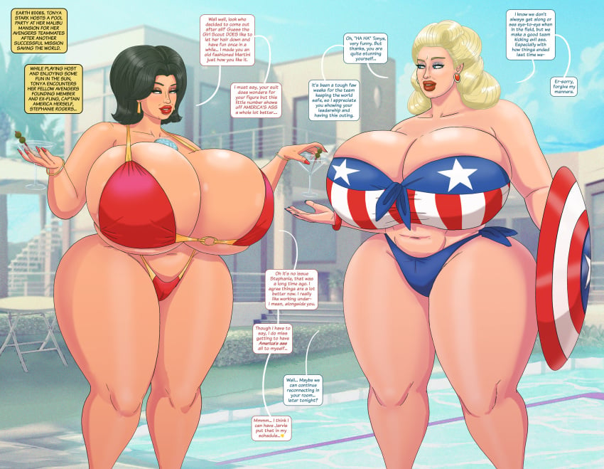 2girls american_flag_bikini belly big_ass big_breasts bikini bimbo bimbo_body black_hair blonde_hair blue_eyes blue_eyeshadow breasts_bigger_than_head brown_eyeshadow captain_america cleavage cleavage_overflow dialogue ear_piercing female female_only hi_res highres huge_breasts iron_man large_breasts martini martini_glass marvel marvel_comics milf mtf_crossgender navel pool poolside red_lipstick rule_63 saturnxart speech_bubble steve_rogers swimsuit thick_thighs tony_stark wide_hips