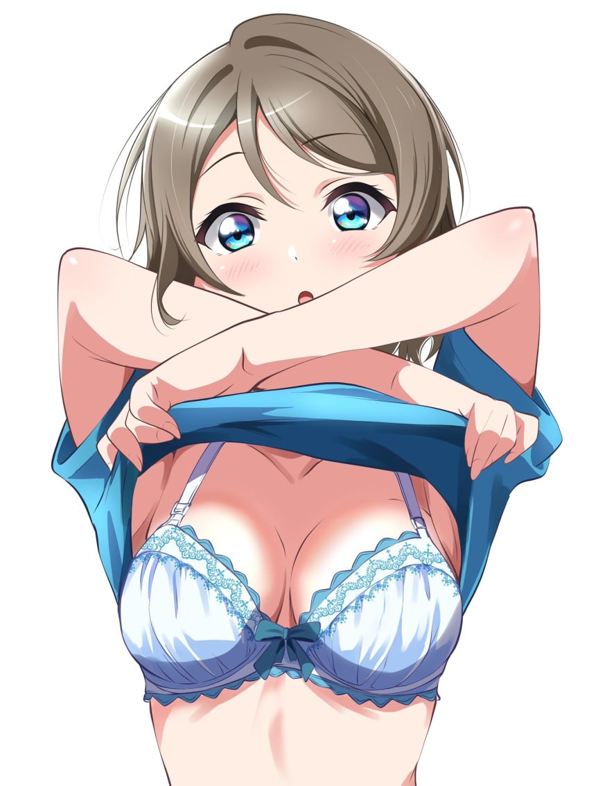 blue_eyes bra breasts brown_hair lace lace-trimmed_bra love_live! love_live!_sunshine!! short_hair t-shirt underwear undressing watanabe_you