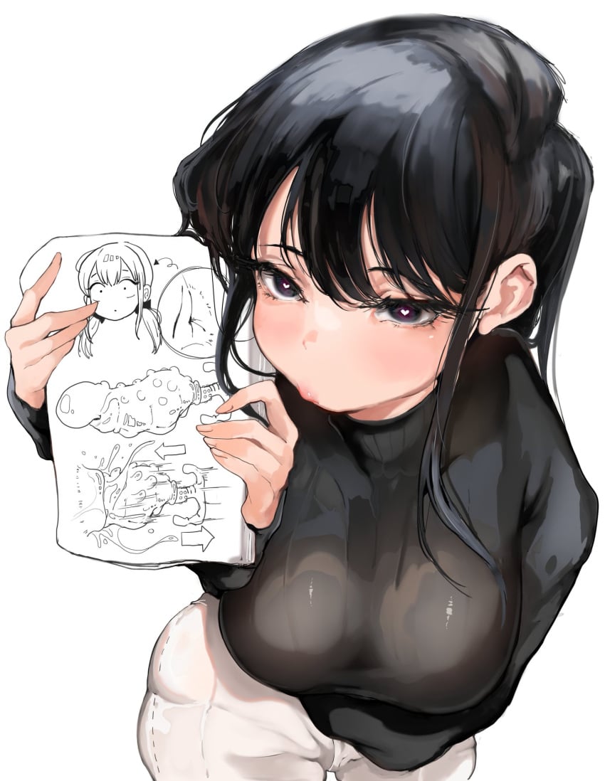 1girls anal anal_grip anal_insertion anal_masturbation anal_object_insertion anus arrow arrow_(symbol) big_breasts black_sweater cowboy_shot dark_hair dildo facing_viewer female female_only heart-shaped_pupils huge_dildo komi-san_wa_komyushou_desu komi_shouko light-skinned_female light_skin looking_at_viewer mamimi_(mamamimi) puckered_lips sex_toy simple_background sketchbook sketchpad solo standing studded_dildo sweater symbol-shaped_pupils twintails uncensored white_background white_pants