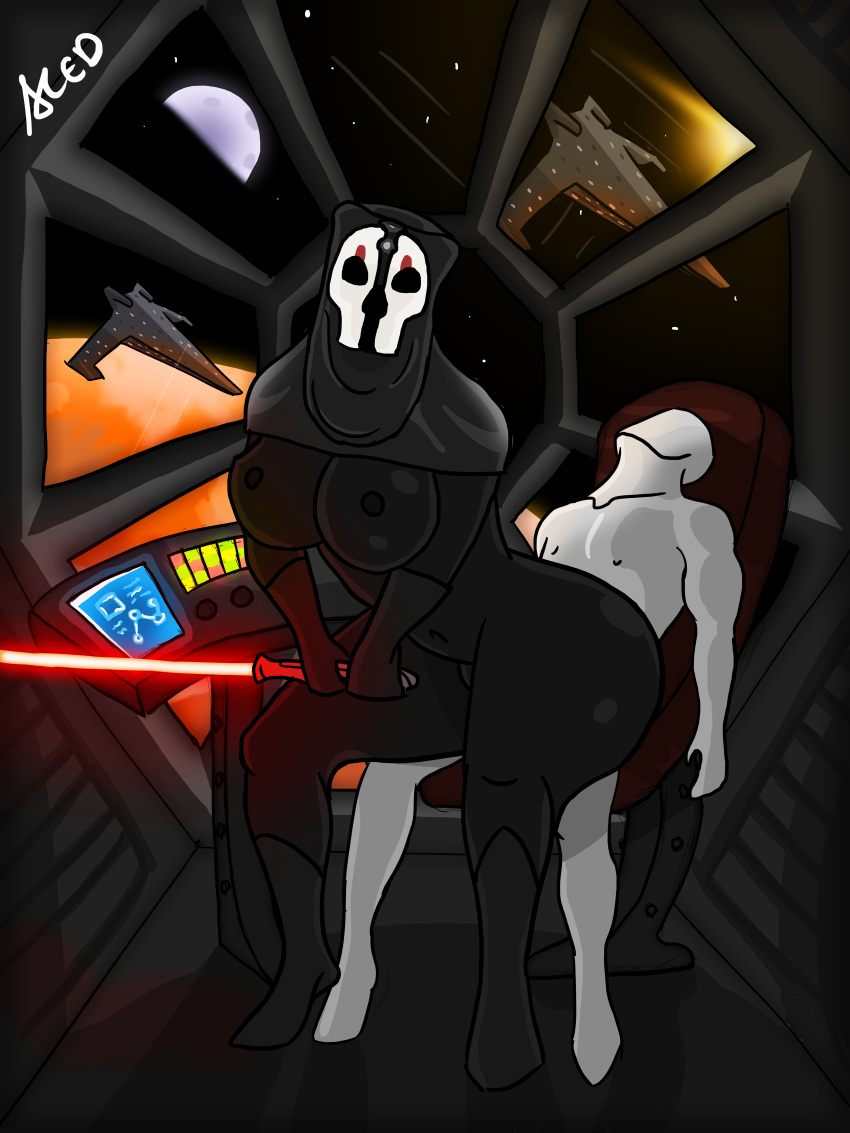 1boy 1girls anon ass breasts complex_background darth_nihilus huge_ass huge_breasts knights_of_the_old_republic lightsaber mask nipples sex sith sith_lord space spaceship star_wars tagme thick_ass