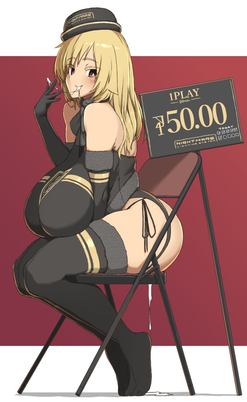 ass black_bow black_gloves blonde_hair blush bow breasts bright_pupils chair clothes_writing cum cum_in_mouth cum_in_pussy cum_string elbow_gloves english_text female folding_chair fur-trimmed_gloves fur-trimmed_thighhighs fur_trim gloves hat highres huge_breasts mai_(makino_momiji) makino_momiji_(artist) original panties price_list prostitution race_queen red_eyes side-tie_panties sign sitting thick_eyelashes thighhighs underwear white_pupils