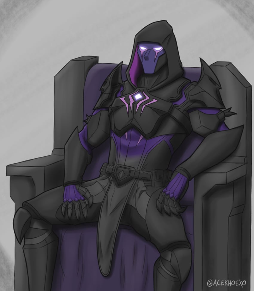 5_fingers acekhoexo arm_down armor belt black_body clawed_fingers claws digital_media_(artwork) dread_omen faceless_male fortnite glowing_eyes helmet highres humanoid loincloth looking_at_viewer male masked masked_men muscular muscular_male purple_markings signature sitting solo_male stone throne warrior