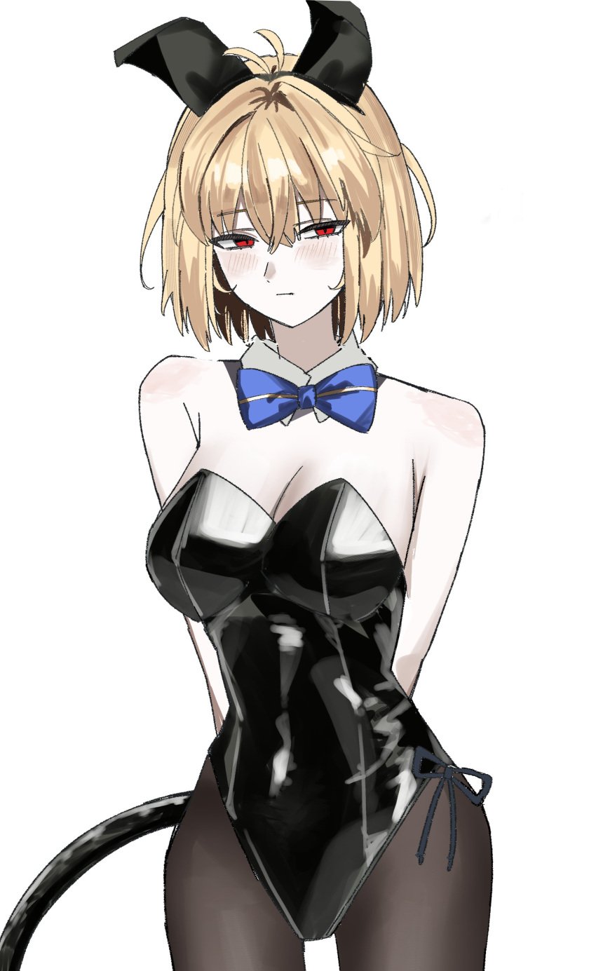 absurdres animal_ears arcueid_brunestud arms_behind_back bare_shoulders black_pantyhose blonde_hair blue_bow blue_bowtie blush bow bowtie breasts cleavage cowboy_shot fake_animal_ears female highres large_breasts leotard musi_2nd pantyhose playboy_bunny rabbit_ears red_eyes short_hair simple_background solo strapless strapless_leotard tsukihime white_background