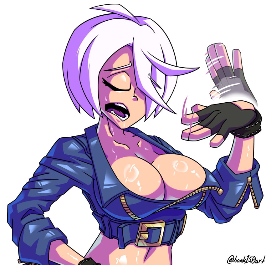 absurd_res ahoge airing_out angel_(kof) big_breasts bonk150 boob_squish breasts cleavage closed_eyes collarbone cropped cropped_jacket eyebrows_visible_through_hair fingerless_gloves gold_buckle hair_over_one_eye hi_res king_of_fighters large_breasts leather leather_clothing leather_jacket light_skin midriff open_mouth short_hair sleeves_folded_up snk squish stretched_clothing sweat sweating sweaty sweaty_body sweaty_breasts tight_clothing white_background white_hair