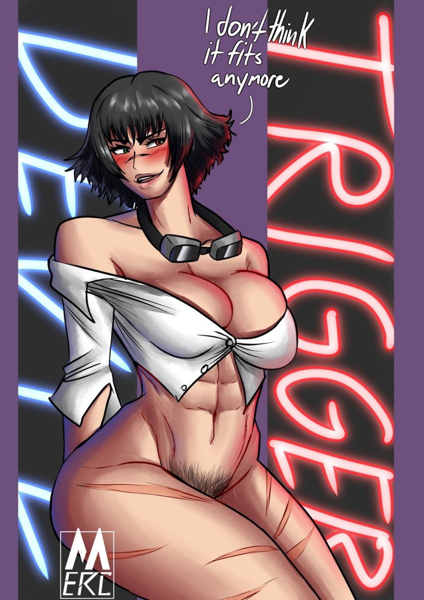 1girls big_breasts black_hair bottomless bottomless_female breasts breasts_out_of_clothes capcom devil_may_cry devil_may_cry_5 dialogue english english_text female female_focus female_only goggles goggles_around_neck green_eyes hairy_pussy heterochromia hips lady_(devil_may_cry) large_breasts mercomics mostly_nude mostly_nude_female muscular muscular_female no_bra open_clothes open_shirt pubic_hair red_eyes scar scar_on_face scar_on_nose scars_all_over scars_on_thighs shirt shirt_only short_hair solo solo_female solo_focus straining straining_buttons toned toned_female