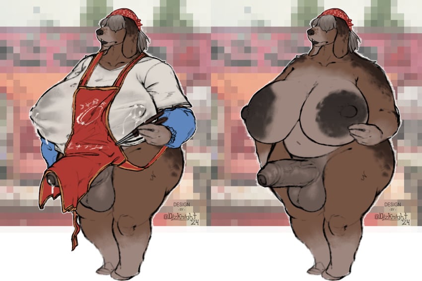 absurd_res anthro apron areola balls bandana bangs basset_hound big_areola big_balls big_breasts big_nipples big_penis bodily_fluids breasts canid canine canis clothed clothing covered_eyes dizzyknight domestic_dog exhibitionism foreskin genital_fluids genitals grey_hair gynomorph hair hi_res hunting_dog intersex kerchief lactating lips long_ears mammal mature_intersex nipples partially_clothed penis penis_visible_through_clothing precum scent_hound shirt solo taki-san_(dizzyknight) tenting thick_bottom_lip thick_foreskin thick_penis thick_thighs topwear translucent translucent_clothing translucent_topwear white_clothing white_shirt white_topwear wide_hips