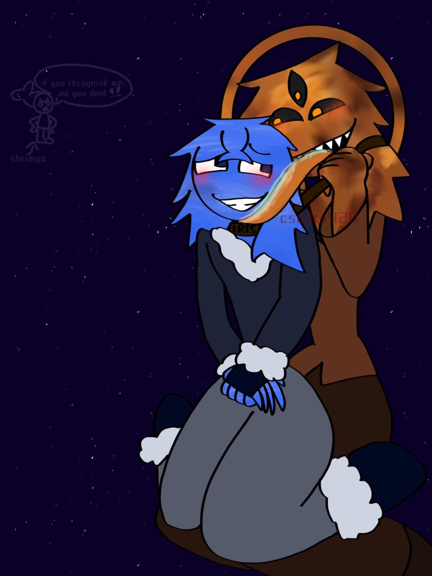 2boys amber_eyes anthro artist_name black_sclera blue_eyes blue_fur blush body_fur boys brown_fur clothed csndra420 fully_clothed gay gemini_home_entertainment iris licking male male_only neptune_(planet) neptune_(solarballs) no_visible_genitalia questionable_consent sitting_on_lap solarballs space the_iris tongue tongue_out watermark