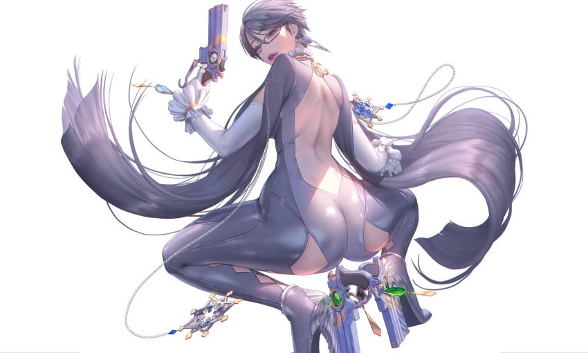 ass_focus back_view bayonetta bayonetta_(character) bayonetta_2 black_hair earrings glasses gloves love_cacao short_hair squatting