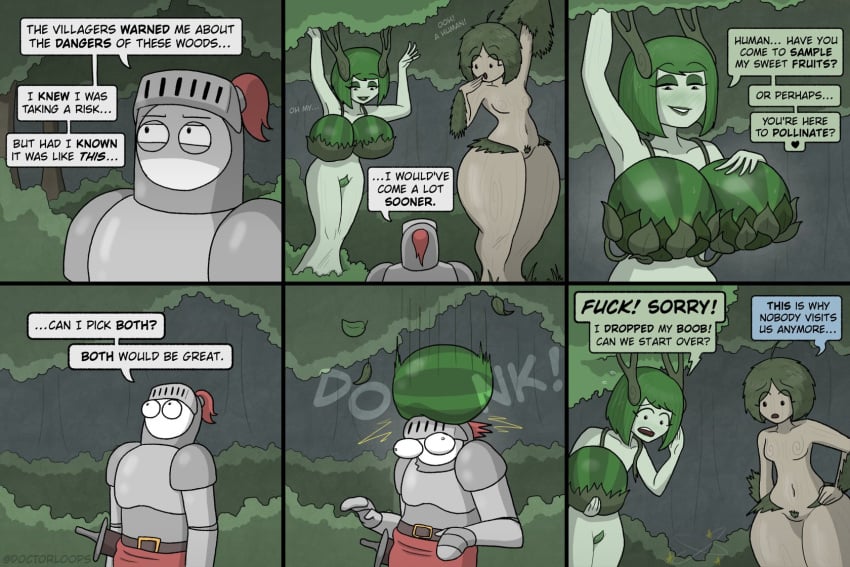 1boy 2girls big_ass big_breasts comic doctorloops druid forest funny humor knight mona_(doctorloops) pubic_hair tree veronica_(doctorloops) watermelon