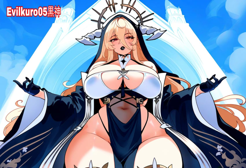 ai_generated azur_lane blonde_hair evilkuro05 implacable_(azur_lane) massive_breasts nun_outfit seductive_smile thick_hips thick_legs white_thighhighs yostar