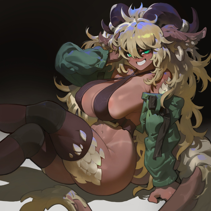 1girls big_breasts blonde_hair dark-skinned_female dark_skin dragon dragon_girl dragon_horns ear_piercing earrings female female_only green_eyes hi_res horn_ring horns long_hair looking_at_viewer pacpoi pyrite_(kanel) scales smiling smiling_at_viewer solo tail teeth_showing thighhighs very_high_resolution