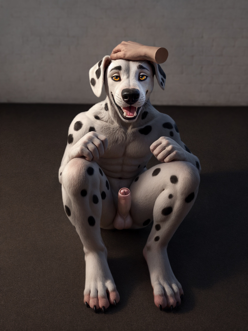 absurd_res ai_generated anthro balls dalmatian digital_painting_(artwork) disembodied_hand foreskin furry furry_male furry_only hands_on_legs headpat hi_res male male_focus paws shaded simple_background sitting_on_ground solo_focus whiskers