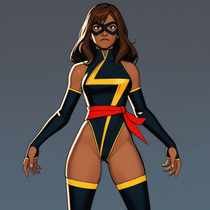 ai_generated brown_body brown_eyes brown_hair brown_skin brown_skinned_female front_view gray_background kamala_khan long_boots long_gloves marvel marvel_comics ms._marvel ms._marvel_(carol_danvers)_(cosplay) ms._marvel_(kamala_khan) muslim muslim_female nerd nerdy_female pakistani pakistani_female scarf slut_collar superhero superheroine