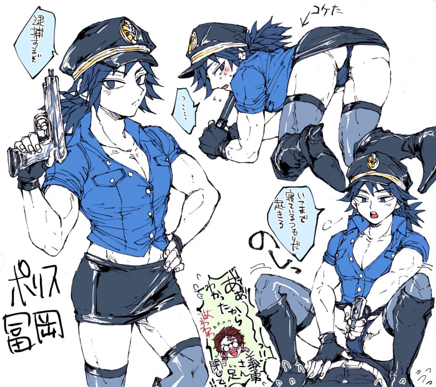 cosplay costume crossdressing demon_slayer femboy feminine_male gun hat heel_boots heels hidden_penis kimetsu_no_yaiba long_hair male_only muscular_femboy muscular_male police_uniform presenting skirt skirt_lift slutty_outfit thighhighs tight_clothing tomioka_giyuu upskirt