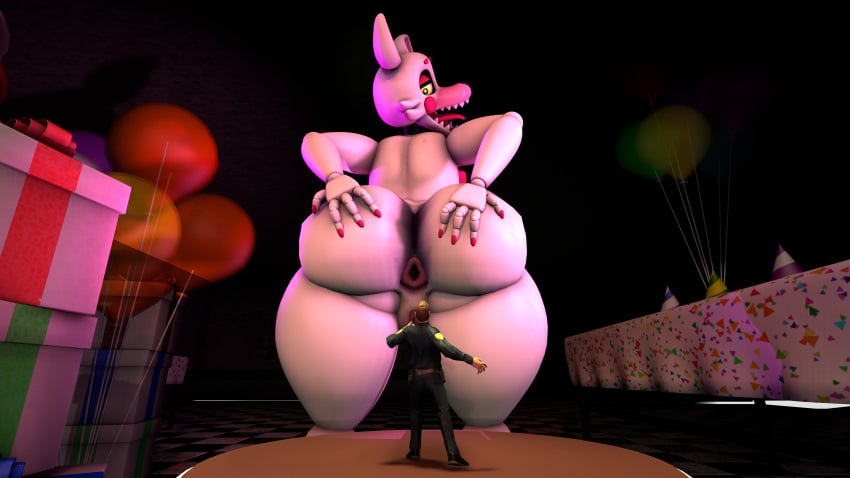 3d_(artwork) absurd_res animatronic anthro anus ass biped digital_media_(artwork) duo female female_anthro five_nights_at_freddy&#039;s five_nights_at_freddy&#039;s_2 genitals hi_res human looking_back machine male male/female male_human mammal mangle_(fnaf) micro night_shifter pussy rear_view robot scottgames spread_butt spreading