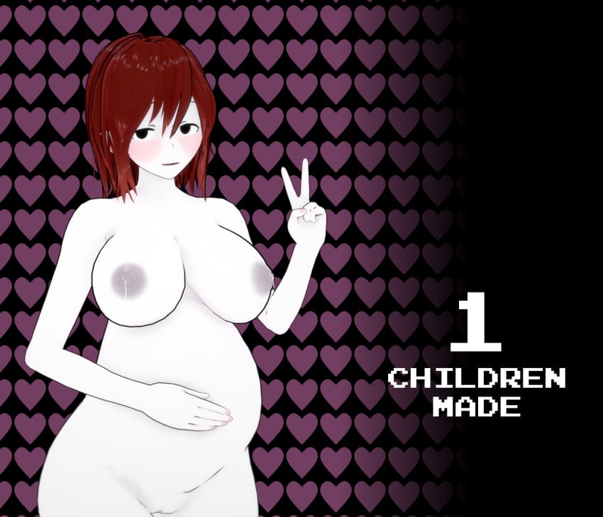 1boy 3d 3d_(artwork) boy brown_hair dialogue english_text female femboy girly impregnation_count knocked_up koikatsu lactation male mollyavast nimaimo_(mollyavast) original peace_sign pregnancy pregnant single_mom