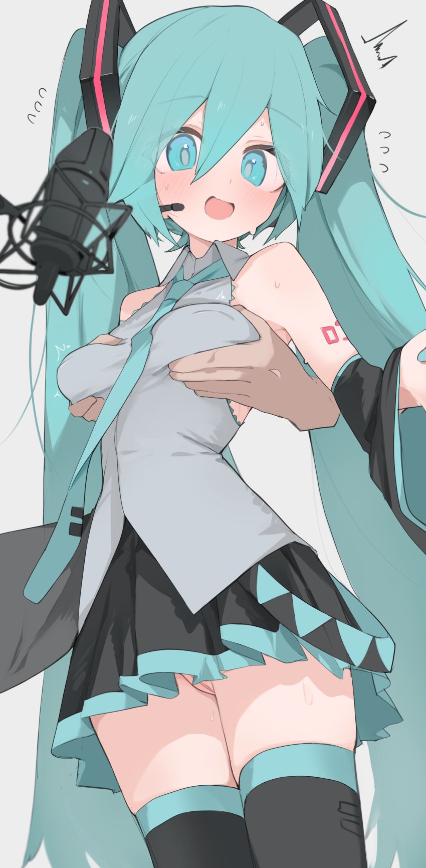 1boy :d absurdres aqua_eyes aqua_hair bare_shoulders black_thighhighs blush breasts commentary cowboy_shot female grabbing_another's_breast grabbing_from_behind grey_background groping hatsune_miku highres long_hair looking_at_viewer medium_breasts mikozin no_panties open_mouth pussy simple_background skindentation smile solo_focus surprised thighhighs thighs twintails vocaloid zettai_ryouiki