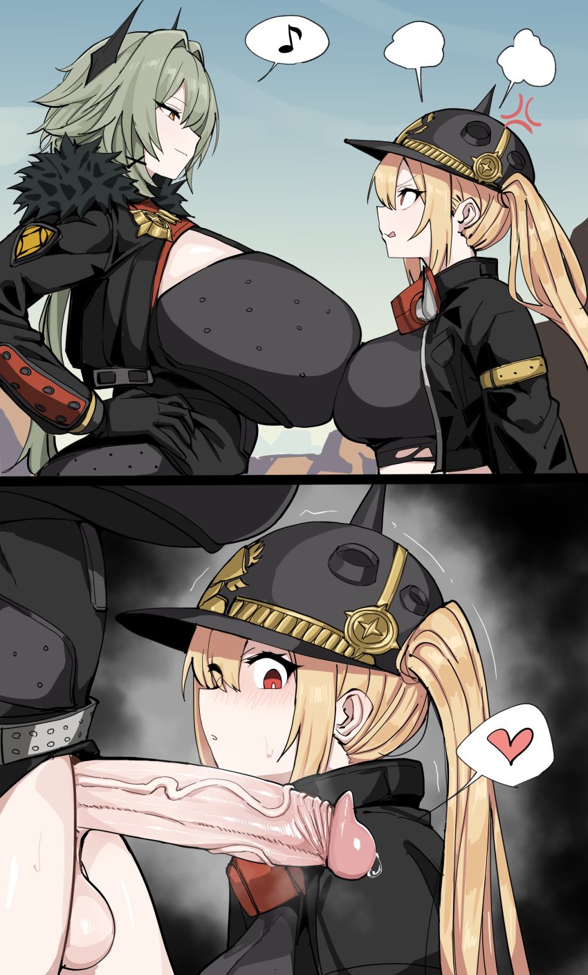 2girls absurdres black_gloves black_helmet black_horns black_jacket blonde_hair breast_press breasts caesar_king caesar_king_(zenless_zone_zero) commentary eye_contact futanari gigantic_breasts gloves green_hair hand_on_own_hip heart helmet highres horns huge_breasts jacket korean_commentary large_breasts long_hair looking_at_another looking_at_penis luciana_de_montefio multiple_girls musical_note penis precum red_eyes side_ponytail spoken_heart spoken_musical_note symmetrical_docking testicles uncensored veins veiny_penis xipa zenless_zone_zero