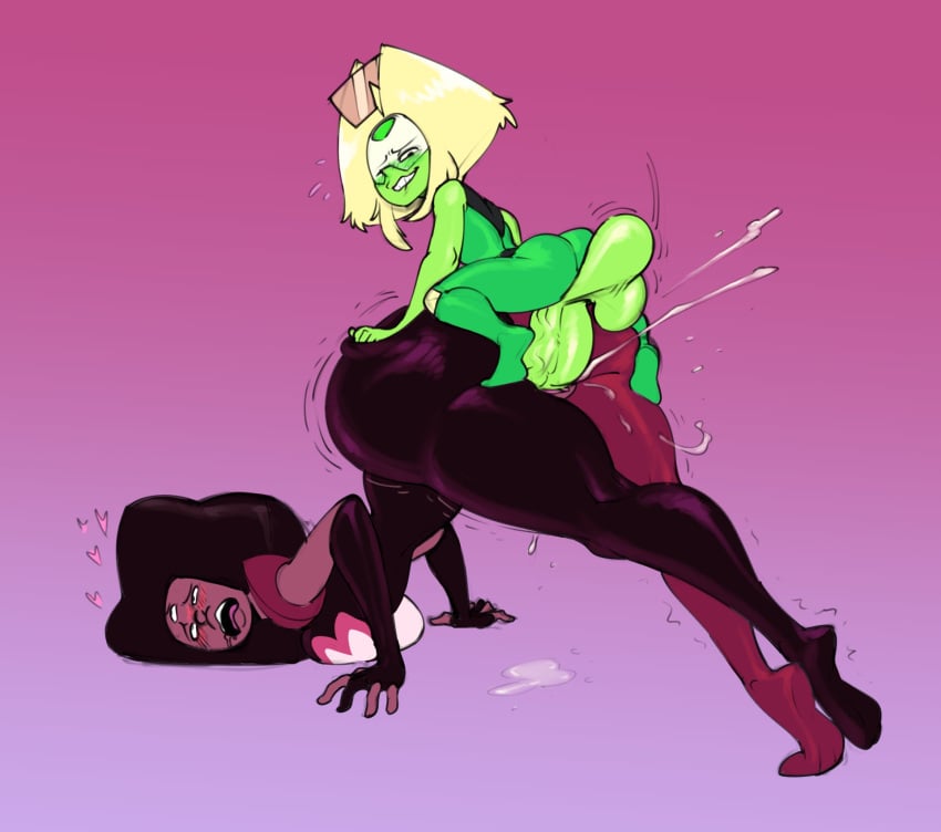 balls bent_over big_ass biting_lip blonde_hair bodysuit clothed_sex daredemon7000 futanari garnet_(steven_universe) gem_(species) gem_fusion gradient_background green_skin gynomorph intersex mounted mounting penis peridot_(steven_universe) pink_background sex size_difference skin_tight small_but_hung small_dom_big_sub smaller_dominant steven_universe top-down_bottom-up