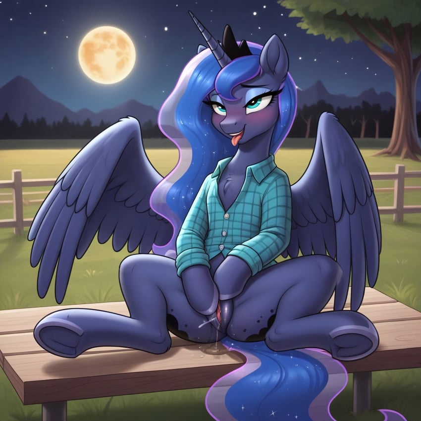 ahe_gao ai_generated blue_body blue_eyes blue_fur blue_hair equid equine female feral friendship_is_magic hasbro long_hair masturbation my_little_pony princess_luna_(mlp) pussy pussy_juice tongue tongue_out wings