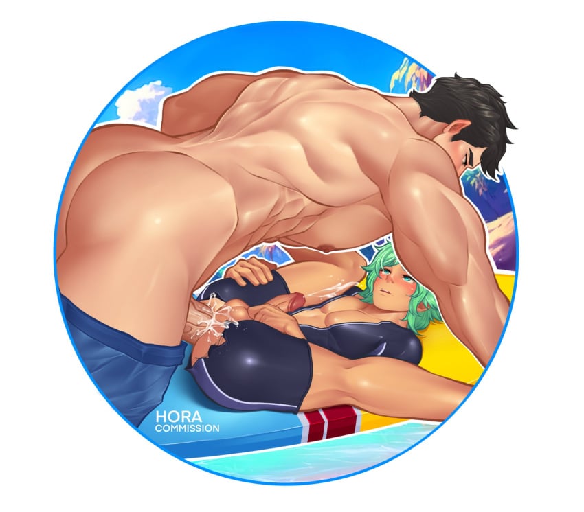 2boys anal beach black_hair blush cove_holden cum_in_ass gay green_hair horaseiji leg_up lying male_focus male_only muscle oc ocean orgasm our_life_(beginnings_and_always) outdoors size_difference surfboard swim_trunks swimwear yaoi