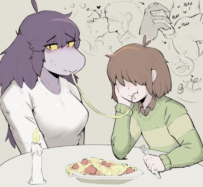 1boy 1girls anthro blush cute deltarune demidoggo fantasizing female fertilization heart holding_hands human_is_better human_on_anthro imagining imminent_sex impregnation interspecies kissing kris_(deltarune) male male/female male_penetrating pasta romantic same_thought spaghetti straight susie_(deltarune) sweat wholesome