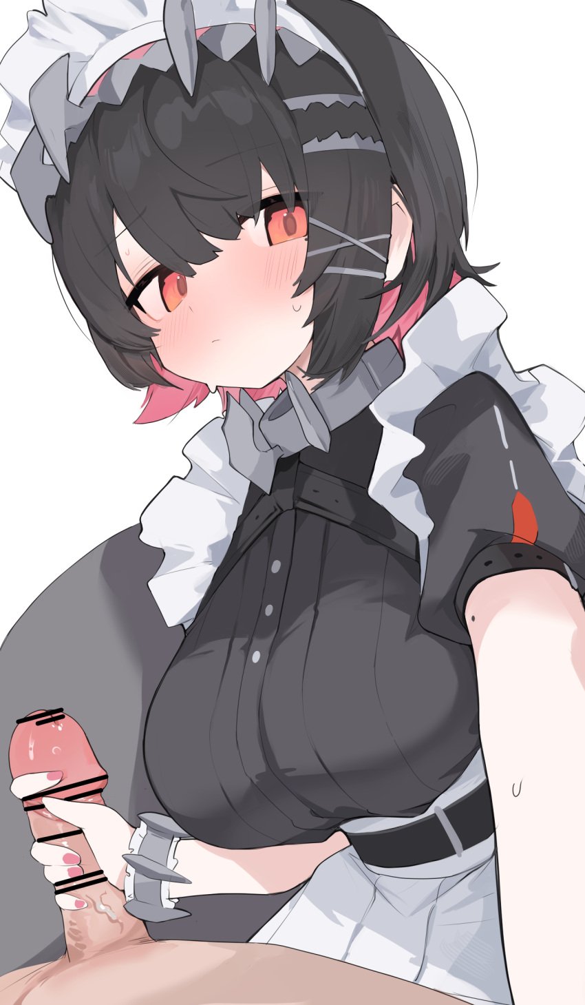 1boy 1girls bar_censor black_hair blush breasts censored closed_mouth ellen_joe erection female hair_ornament handjob highres hoyoverse large_breasts light-skinned_female light-skinned_male light_skin looking_at_viewer maid maid_headdress mihoyo mikozin mole mole_on_arm mole_under_eye multicolored_hair penis red_eyes red_hair short_hair two-tone_hair x_hair_ornament zenless_zone_zero