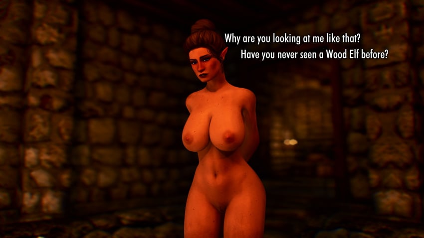 3d areolae big_breasts bosmer breasts brown_eyes brown_hair completely_nude completely_nude_female dirty dungeon elf elf_ears elf_female female female_only fit_female glowing_eyes hairbun hands_behind_back hips light-skinned_female light_skin looking_at_viewer nipples nude nude_female original_character pose prison pussy screenshot skyrim tagme text the_elder_scrolls thick thick_legs thick_thighs ugraine video_games wood_elf