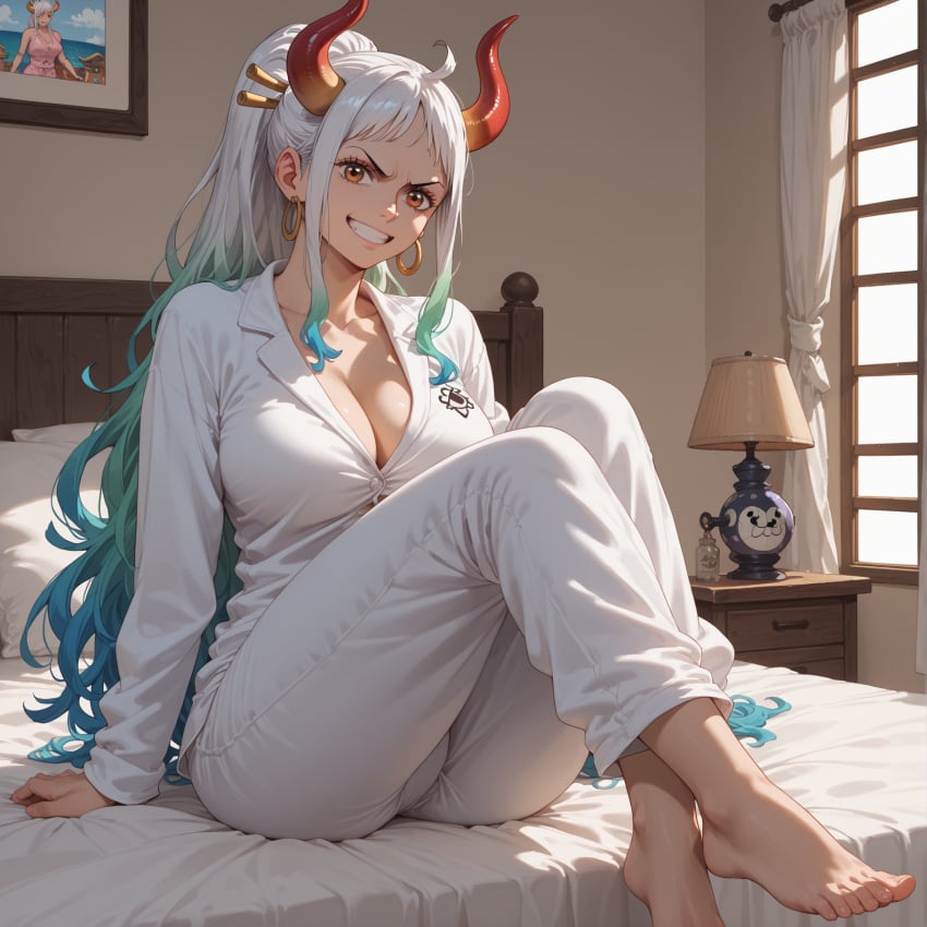 1female 1girls ai_generated angry bed bedroom boob_window breasts brown_eyes cleavage conniexx feet female female female_focus female_only hi_res high_resolution highres large_breasts large_thighs mommy mother one_piece pajamas perfect_body pony_diffusion_xl ponytail sister smile smiling smiling_at_viewer stable_diffusion thick_legs thick_thighs white_hair white_pajamas yamato_(one_piece)