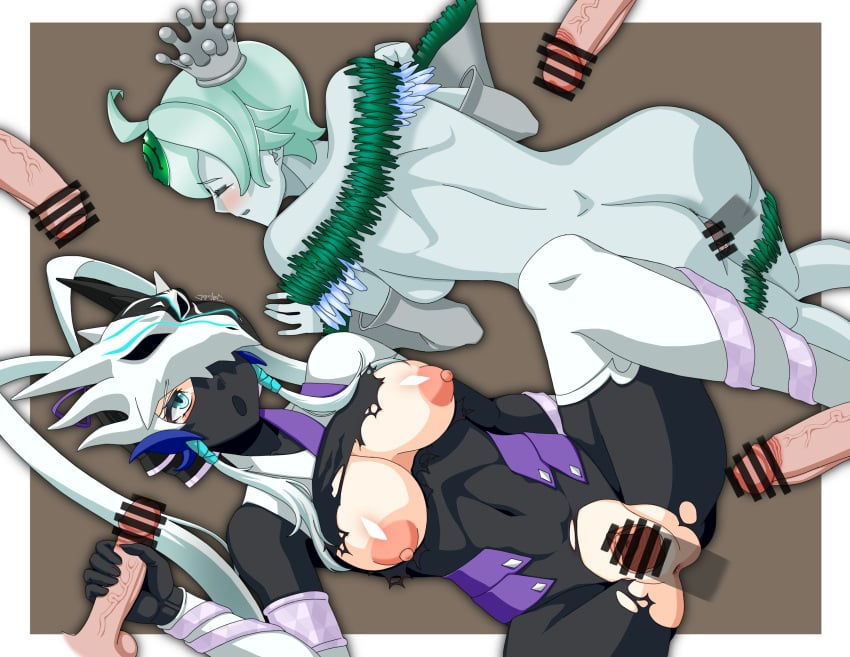 2girls 6+boys anus anus_peek ass big_ass black_bodysuit blue_eyes blue_skin blush blushing bodysuit breasts breasts_out breasts_out_of_clothes censor_bar censored closed_eyes crown duel_monster foreskin gangbang gangrape handjob helmet helmet_over_eyes icejade_aegirine icejade_gymir_aegirine jadec large_breasts long_hair mask masked masked_female monster mouth_mask mouth_open nipples open_mouth penis penis_in_pussy short_hair spread_legs spreading surrounded surrounded_by_penis surrounded_by_penises swordsoul_of_mo_ye thick thick_ass thick_thighs thighhighs thighs torn_bodysuit torn_clothes torn_clothing twintails veiny_penis white_hair wide_hips yu-gi-oh!