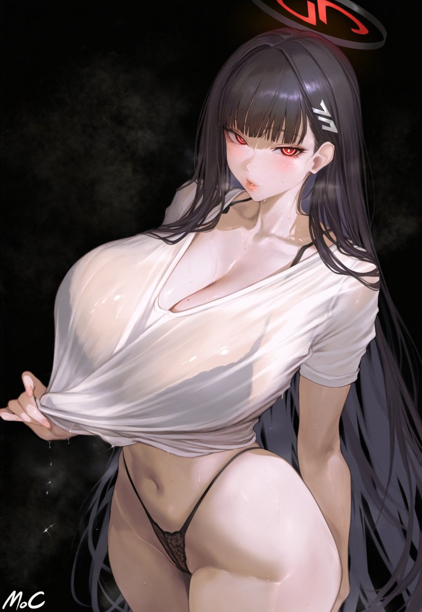 1girls ai_generated bikini black_hair blue_archive breasts cleavage female halo hi_res hips large_breasts light-skinned_female light_skin long_hair mocase red_eyes rio_(blue_archive) thick_thighs thighs wide_hips