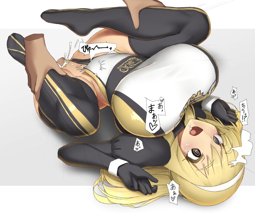 @_@ black_eyes black_gloves blonde_hair breasts clothes_writing clothing_aside cum cum_in_pussy disembodied_hand english_text female gloves hairband headband highleg highres kyono_kiara leg_grab leotard leotard_aside leotard_under_clothes long_hair long_sleeves lying makino_momiji_(artist) medium_hair on_back open_mouth original pubic_hair puffy_sleeves race_queen saliva sex speech_bubble steaming_body striped_clothes striped_thighhighs thick_eyebrows thick_eyelashes thighhighs translation_request vertical-striped_clothes vertical-striped_thighhighs white_hairband white_headband white_wrist_cuffs wrist_cuffs