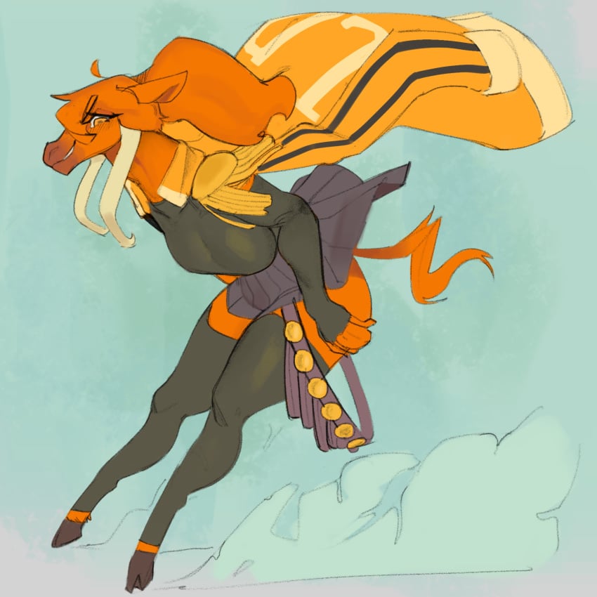 1girls 2025 anthro anthrofied ass_grab belt dust_cloud equine female full_body furry hand_on_butt hi_res hooves horse_ears horse_race_test jacket jacket_on_shoulders jovial_merryment kattfish leggings looking_at_viewer medallion medals one_color_background orange_eyes orange_fur short_skirt short_tail skirt_up smiling snout solo thick_thighs wristwear