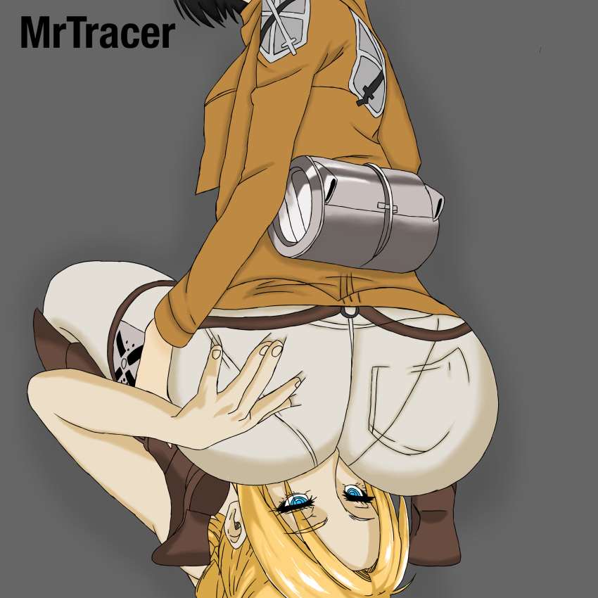 2girls annie_leonhardt ass_grab ass_worship attack_on_titan big_ass cute facesitting hand_on_ass head_on_ass khakis mikasa_ackerman mrtracer multiple_girls smelling_ass smelly smothering white_pants