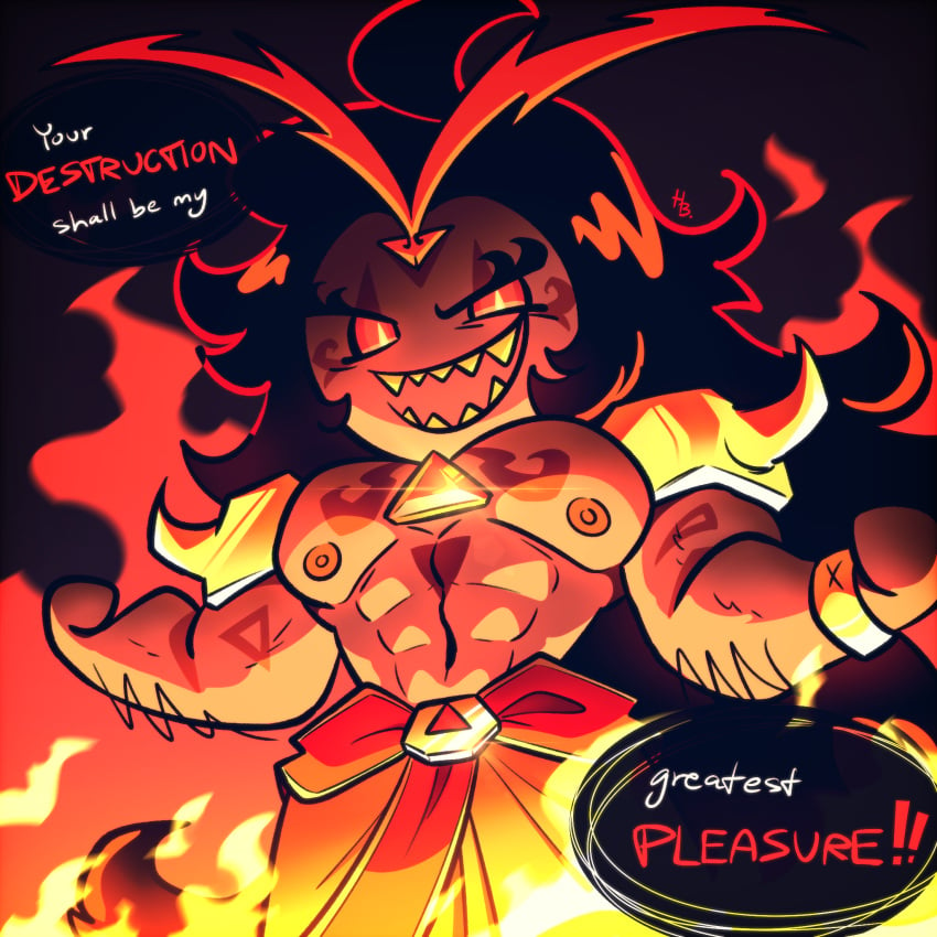 abs armor black_hair body_hair bracelet burning_spice_cookie clothed cookie cookie_run cookie_run_kingdom flame gay gem grinning headgear hornbunxx long_hair looking_at_viewer male male_only muscular muscular_male nipples pecs red_body red_eyes sharp_teeth simple_background smiling solo speech_bubble tattoo text