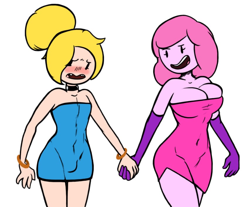 1boy 1girls adventure_time androgynous armwear blonde_hair blue_dress bracelet bracelets bubble_butt bulge cartoon_network choker clavicle dress_bulge dunnhierdraws elbow_gloves embarrassed female femboy femboy_on_female feminine_male feminization finn_the_human girly gloves hair_bun handwear holding_hands human male medium_hair minidress neckwear pale_skin penis_under_dress pink_dress pink_hair princess_bubblegum short_dress simple_background sissy thighs tight_clothing tight_dress trap wristwear