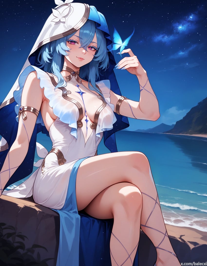 ai_generated balecxi beach blue_hair blue_nails crossed_legs large_breasts looking_at_viewer night purple_eyes sitting the_shorekeeper_(wuthering_waves) wuthering_waves