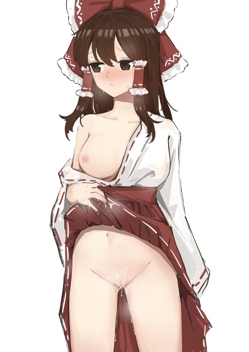 :/ absurdres alternate_costume arm_at_side armpit_crease blush bow breasts brown_eyes brown_hair cleft_of_venus closed_mouth clothes_down clothes_lift collarbone covered_nipples cowboy_shot cum cum_on_body cum_on_clothes cum_on_hands cum_on_pussy cum_string embarrassed female flashing foreshortening frilled_bow frilled_hair_tubes frills frown furrowed_brow groin hair_between_eyes hair_tubes hairbow hakama hakama_lift hakama_skirt hakurei_reimu hand_up highres huangyou japanese_clothes kimono large_bow large_breasts lifting_own_clothes long_hair long_sleeves looking_to_the_side miko navel nipples no_bra no_panties nose_blush off_shoulder one_breast_out red_bow red_hakama ribbon-trimmed_sleeves ribbon_trim see-through_clothes simple_background skirt sleeves_past_fingers sleeves_past_wrists solo standing steam steaming_body stomach sweat touhou white_background white_kimono wide_sleeves