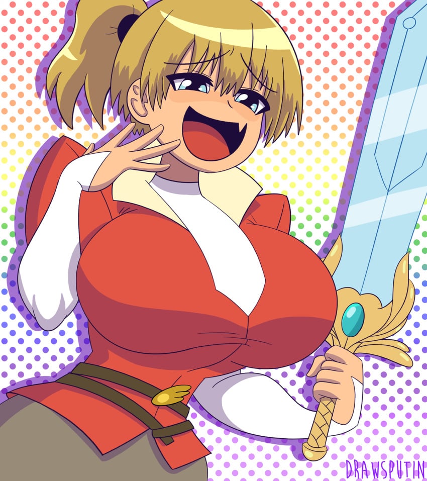 1girls adora_(cosplay) big_breasts blonde_hair breasts clothing crossover drawsputin female female_only hourglass_figure huge_breasts large_breasts on_model ponytail she-ra_and_the_princesses_of_power smug solo solo_female style_parody sword thin_waist uzaki-chan_wa_asobitai! uzaki_hana weapon