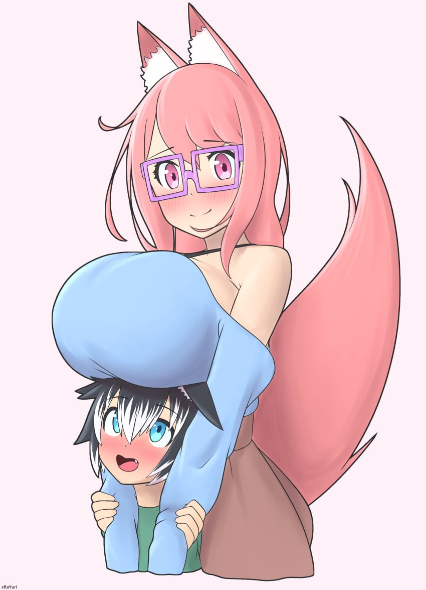 1boy 1girl age_difference animal_ears bare_shoulders blush boob_hat fox_girl glasses huge_breasts hugging pink_eyes pink_hair rikka_(xrayuri) size_difference skirt smile tail xrayuri