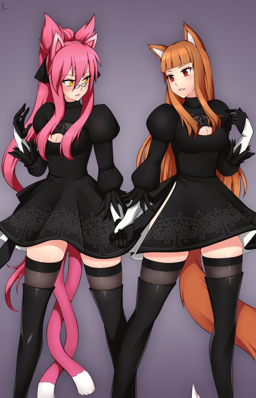 2girls animal_ears blazblue clothing cosplay crossover dress fully_clothed glasses holo kokonoe lindaroze multiple_girls nekomimi nier:_automata spice_and_wolf stockings tail thighhighs yorha_2b_(cosplay)